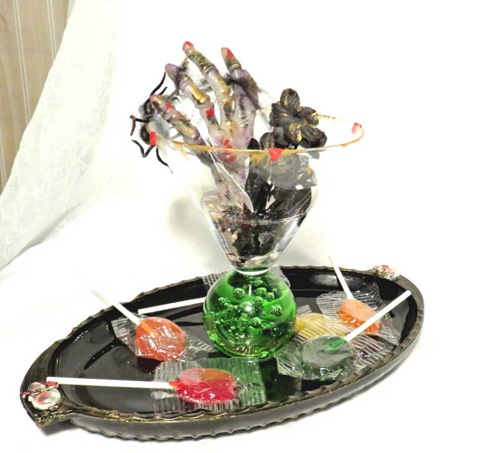 Altered Glass Candy Dish with Skull Hand in Resin