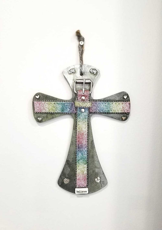 Wooden Cross with Recycle Belt For Decoration, Resin Art