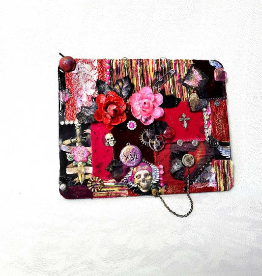 Pink and Burgundy Patchwork Wall Decor with Fabric, Skull and Bones