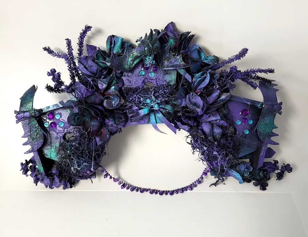 Decorative Wreath with 3 Bat Houses with Bats in Purple and Black