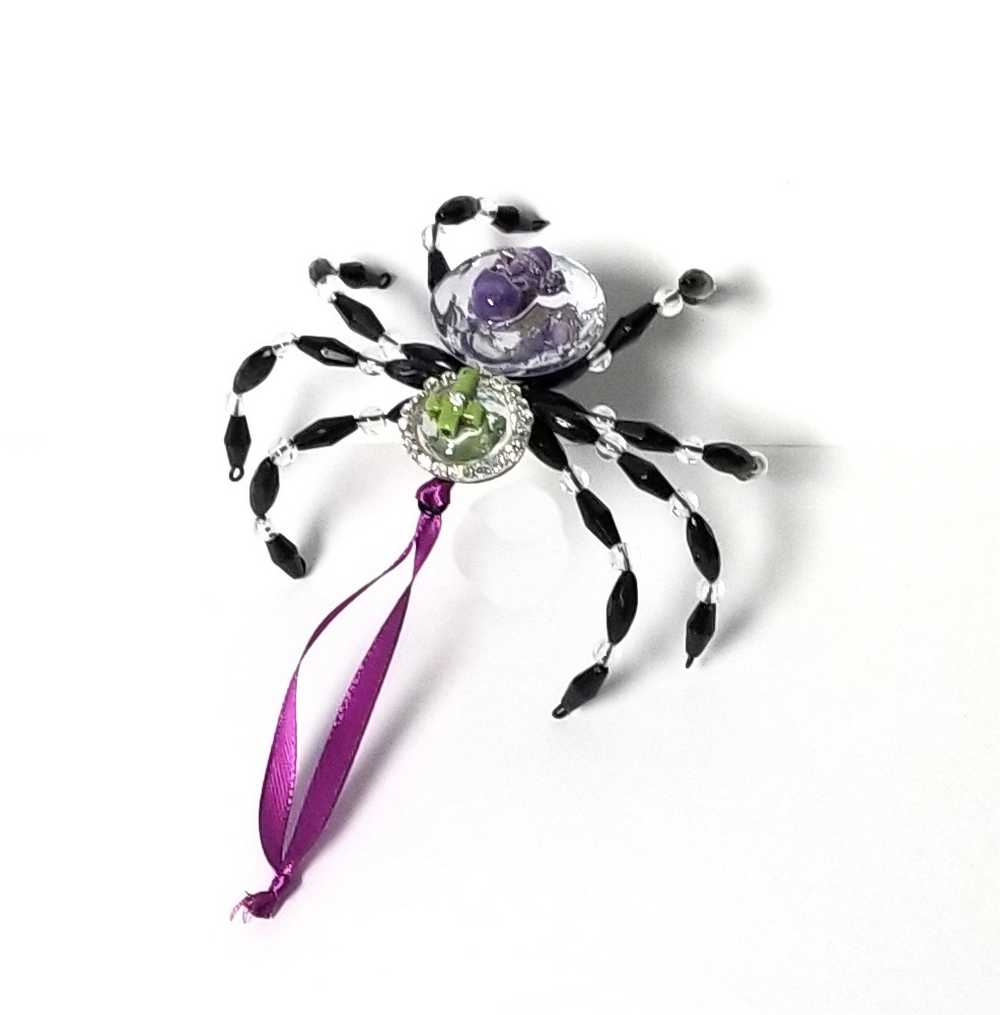 Black and Clear Beaded Spider with Skull Head and Cross Ornament