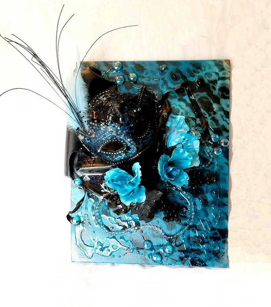 3D Canvas Art with Sexy Teal Blue Mask and Teal Blue Roses, 30 x 40 x 15 cm