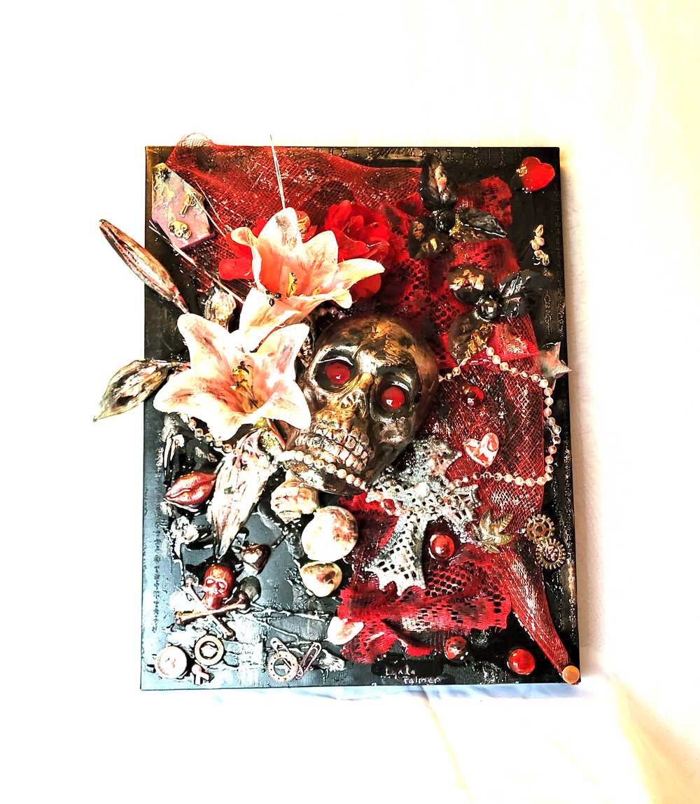 3D Skull and White Lilies, 45 x 36 x 18 cm on Black and Red Canvas
