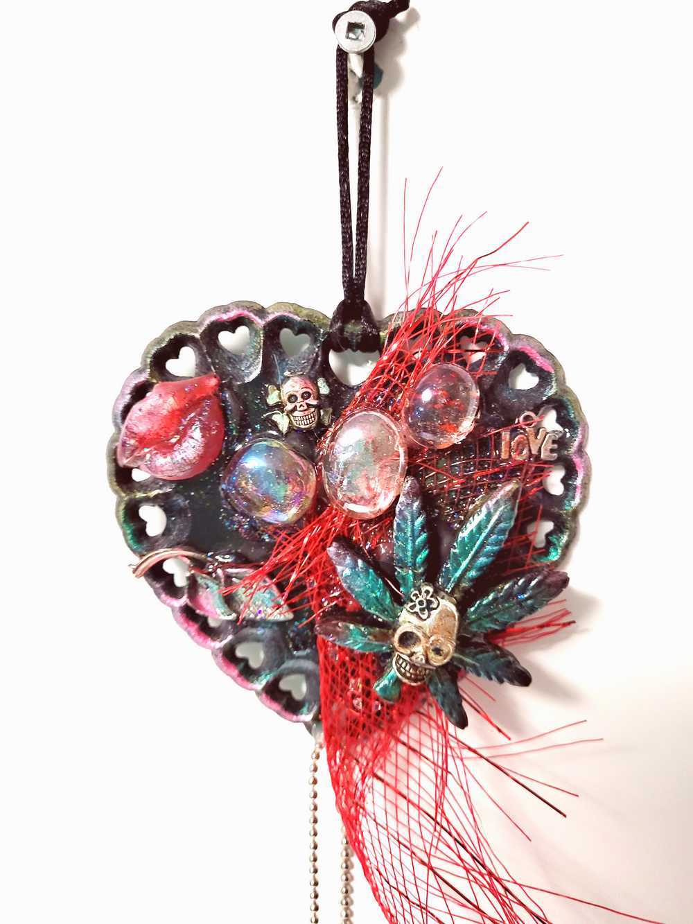 Skull Hanging Heart Ornament with Pouty Red Lips
