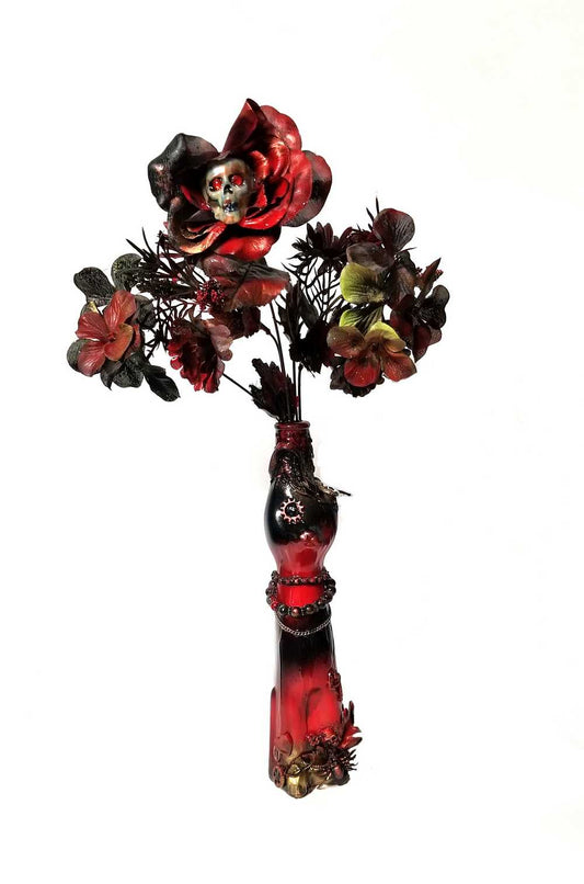 Glass Cat Vase, Red and Black Flowers with Skull and Snake