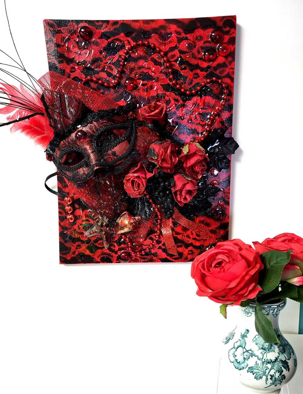 3D Red and Black Art on Canvas with Sexy Mask and Roses, 40 cm x 30 x 10 cm