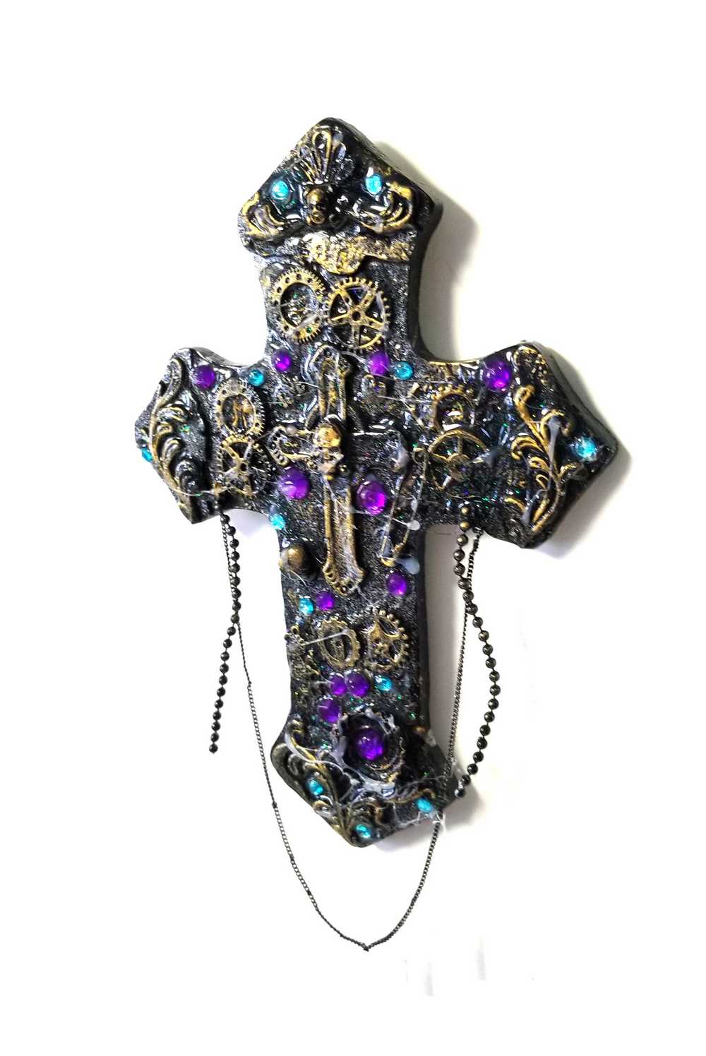 Altered Cross Made of Plaster with Skulls, Gears and Chains