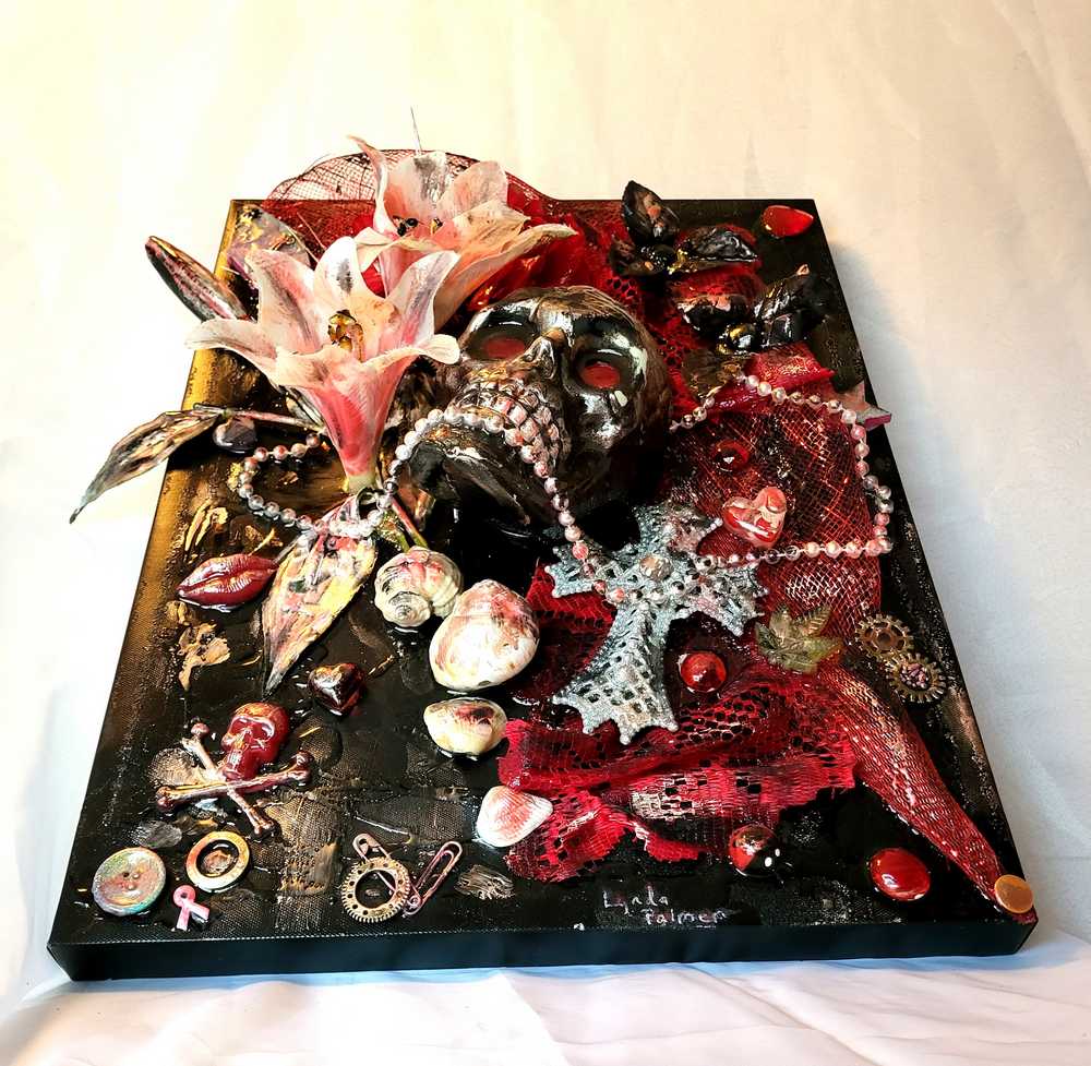 3D Skull and White Lilies, 45 x 36 x 18 cm on Black and Red Canvas