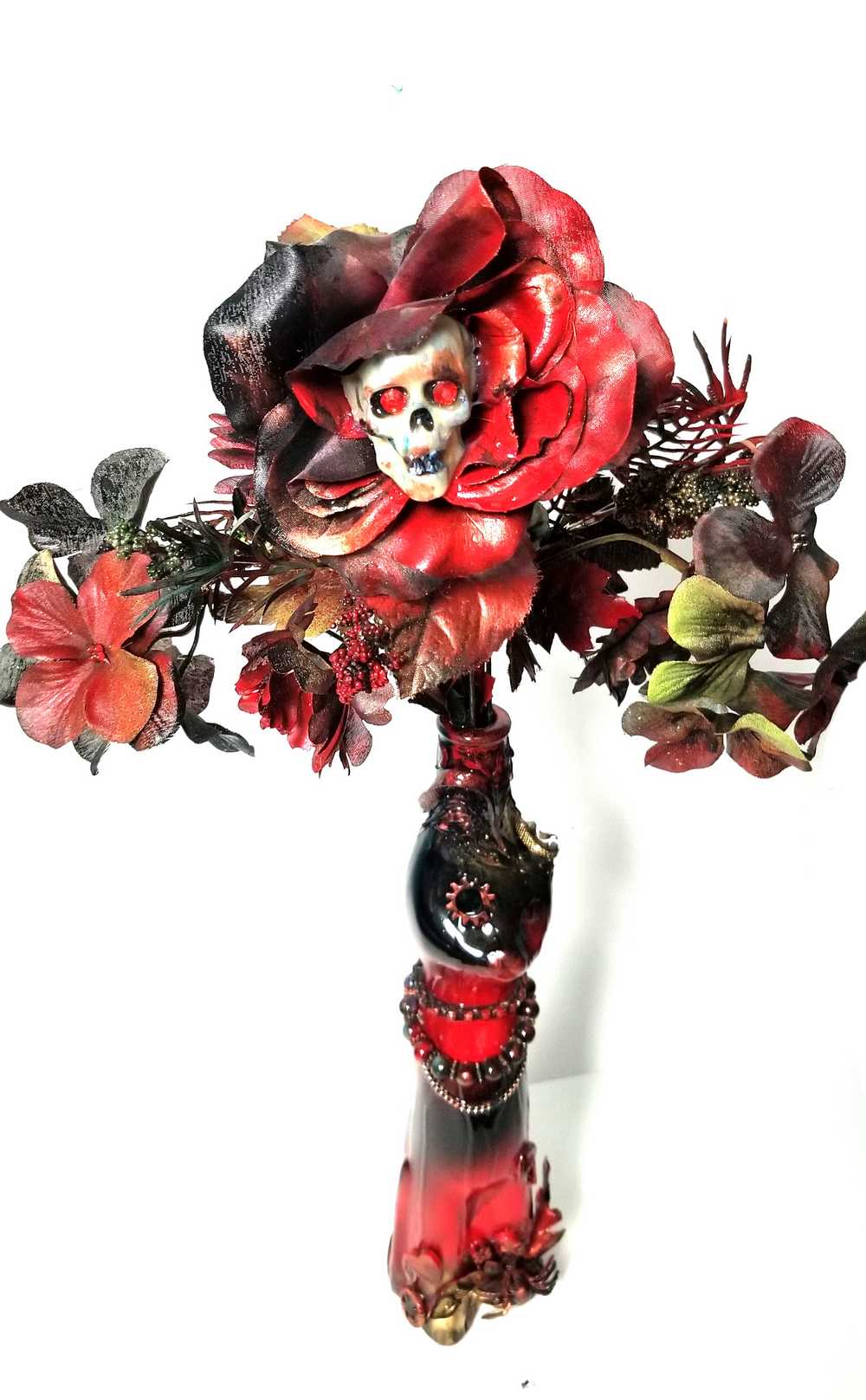 Glass Cat Vase, Red and Black Flowers with Skull and Snake