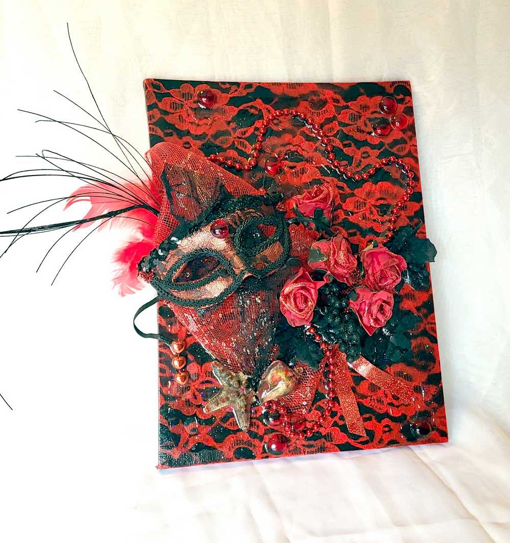 3D Red and Black Art on Canvas with Sexy Mask and Roses, 40 cm x 30 x 10 cm