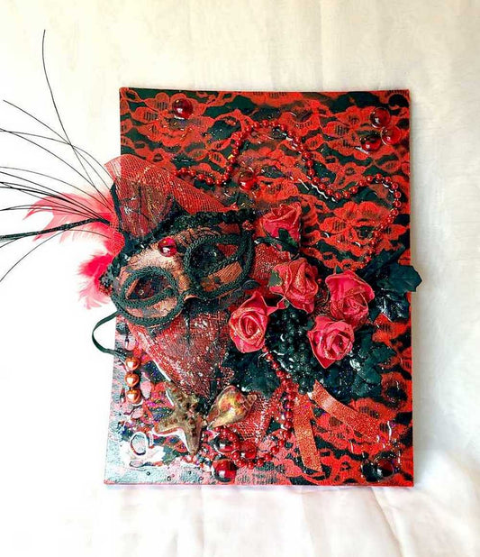 3D Red and Black Art on Canvas with Sexy Mask and Roses, 40 cm x 30 x 10 cm