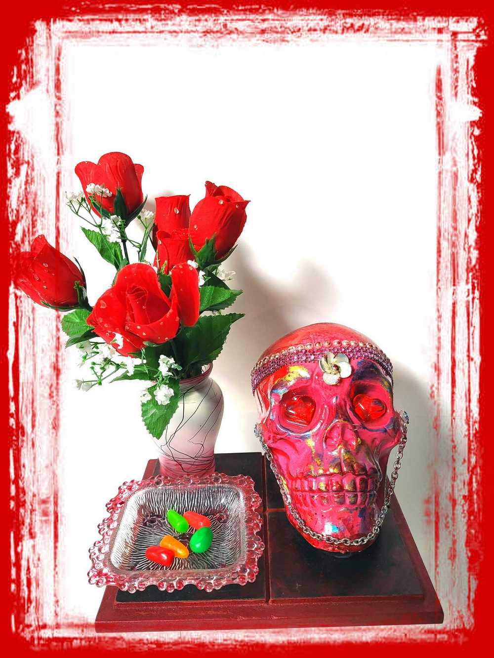 Red Skull and Roses in Resin in a Vintage Candy Dish