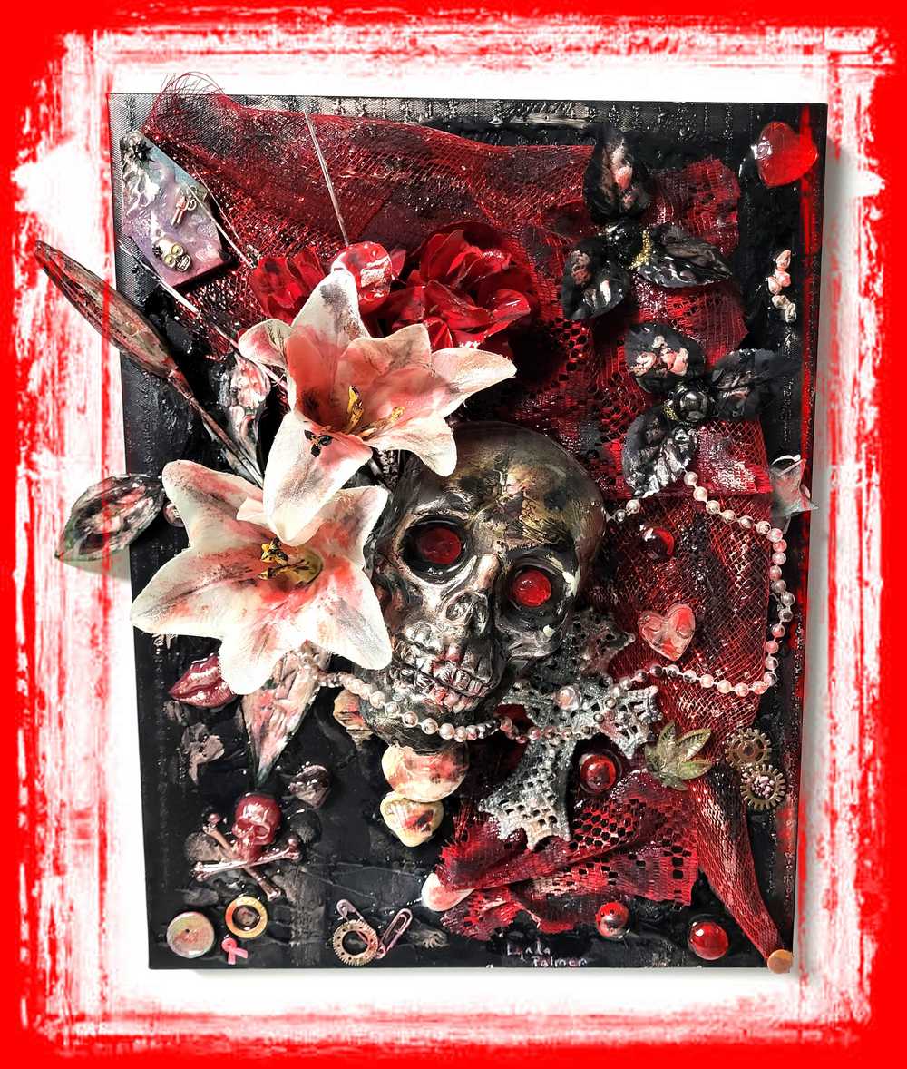 3D Skull and White Lilies, 45 x 36 x 18 cm on Black and Red Canvas
