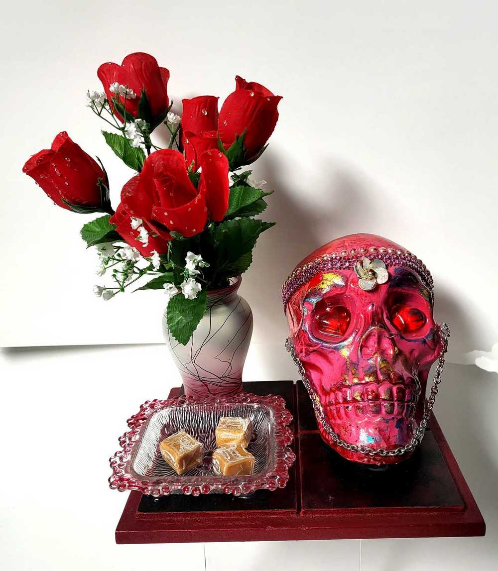 Red Skull and Roses in Resin in a Vintage Candy Dish