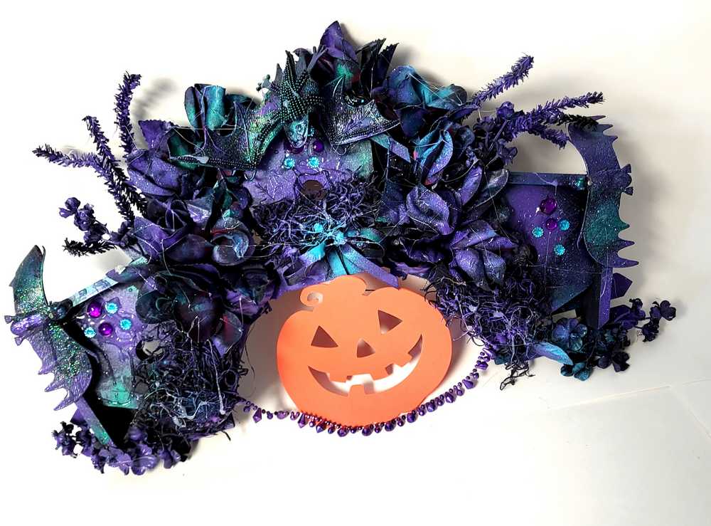 Decorative Wreath with 3 Bat Houses with Bats in Purple and Black