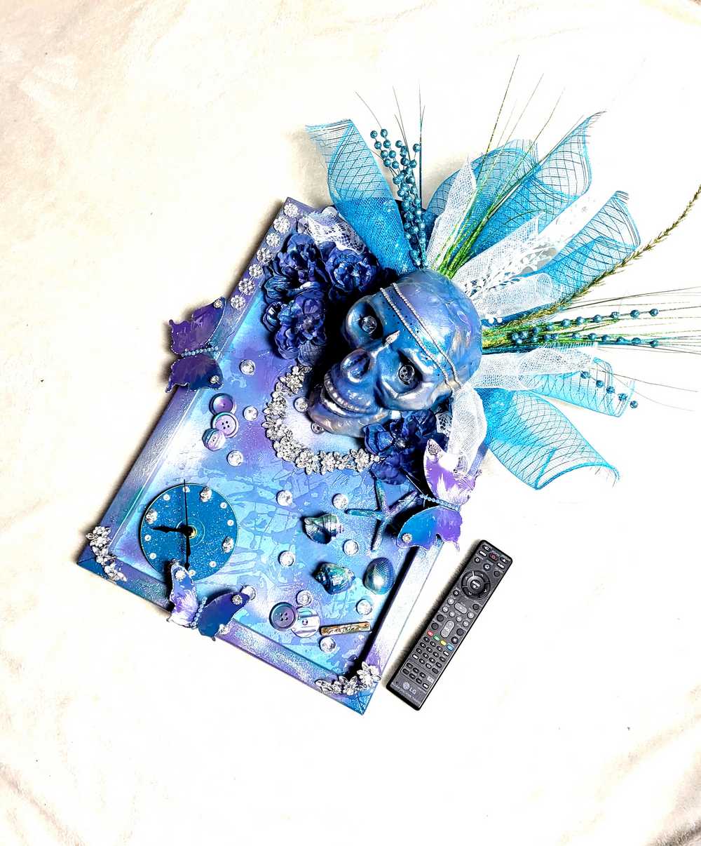 Large Teal Wood Clock with Skull and all Her Jewels, with Lights
