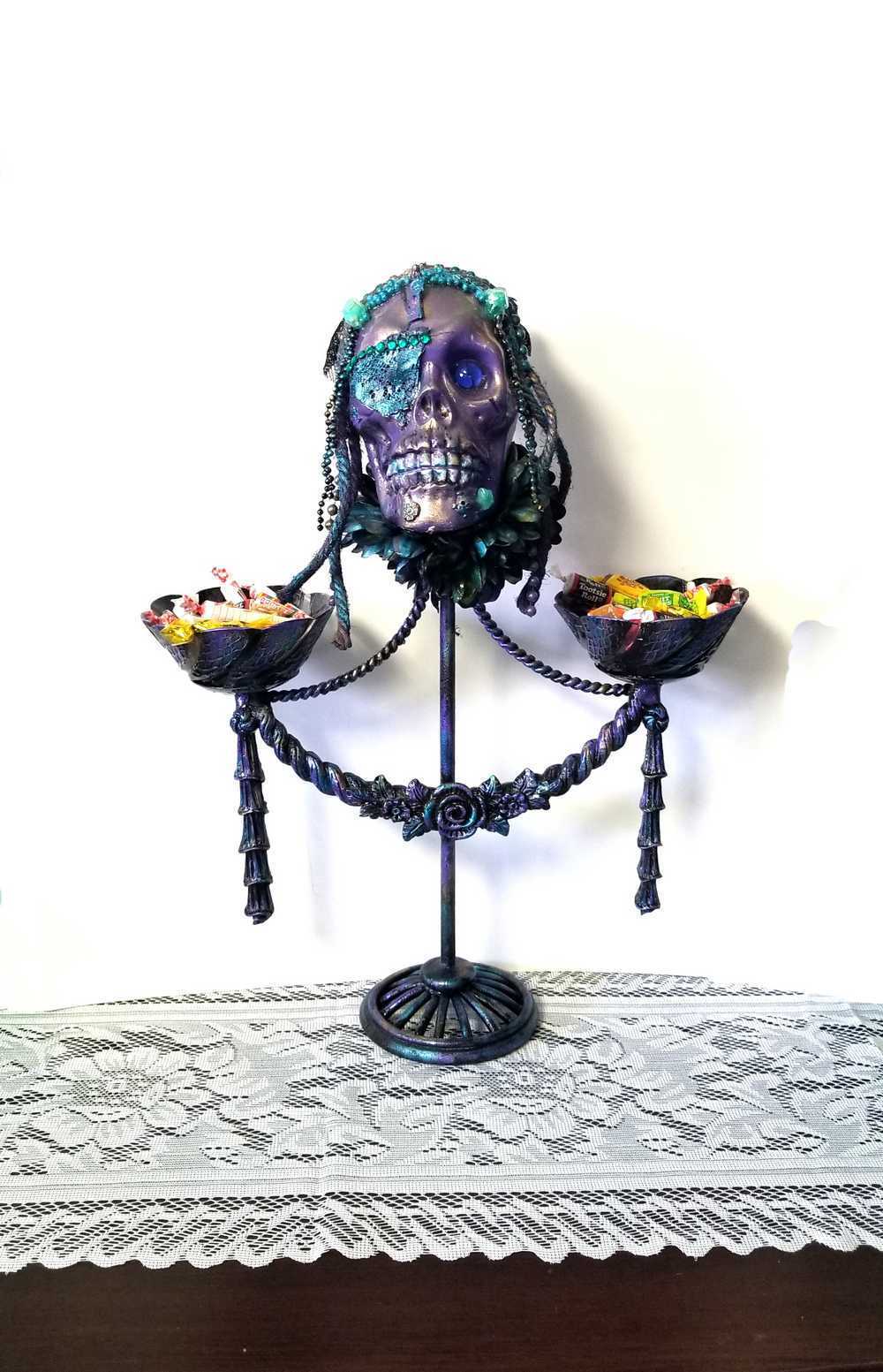 Purple Skull on Decorative Stand with Two Glass Candy Dishes