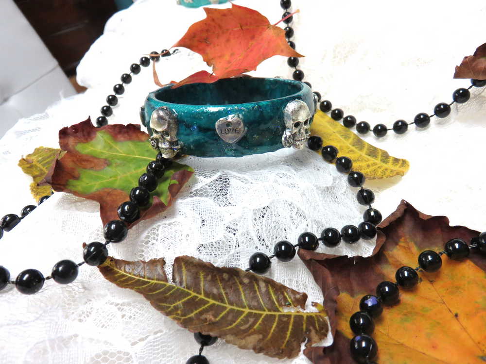 Dark Teal Bangle with Skulls and Hearts