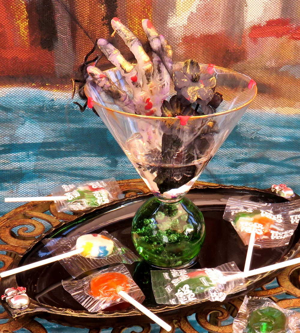 Altered Glass Candy Dish with Skull Hand in Resin