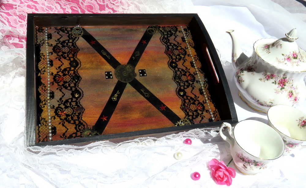 Steampunk /Goth Serving Tray with Gears, Black Lace and Ribbon