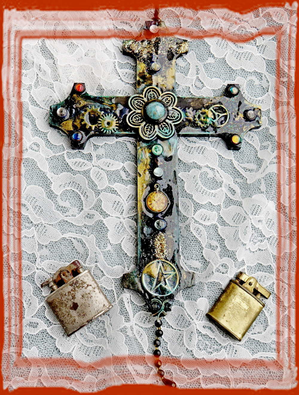 Altered Wood Goth Cross with Blue Stone and Gems