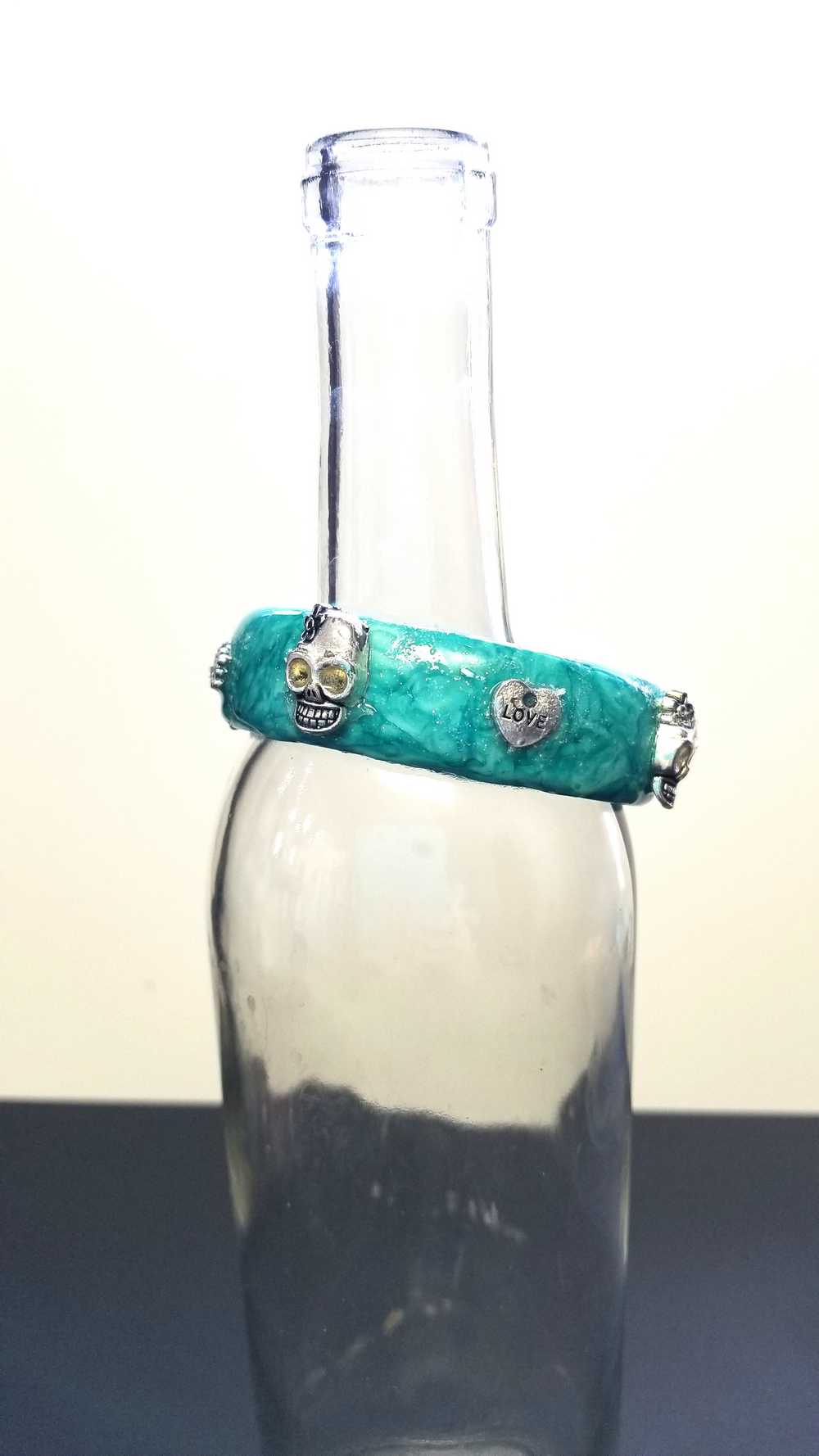 Light Teal Blue Bangle, Bracelet with Skulls and Love Charms