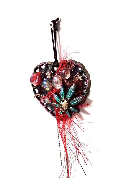 Skull Hanging Heart Ornament with Pouty Red Lips