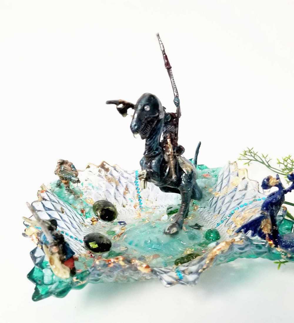 Mutant Troll Warrior Riding a T Rex in a Glass Vintage Dish, Collector Piece