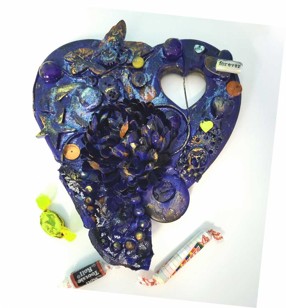 Deep Blue Wooden Heart Wall Plaque with Flowers, Recycled Jewelry, Gears and a Hummingbird