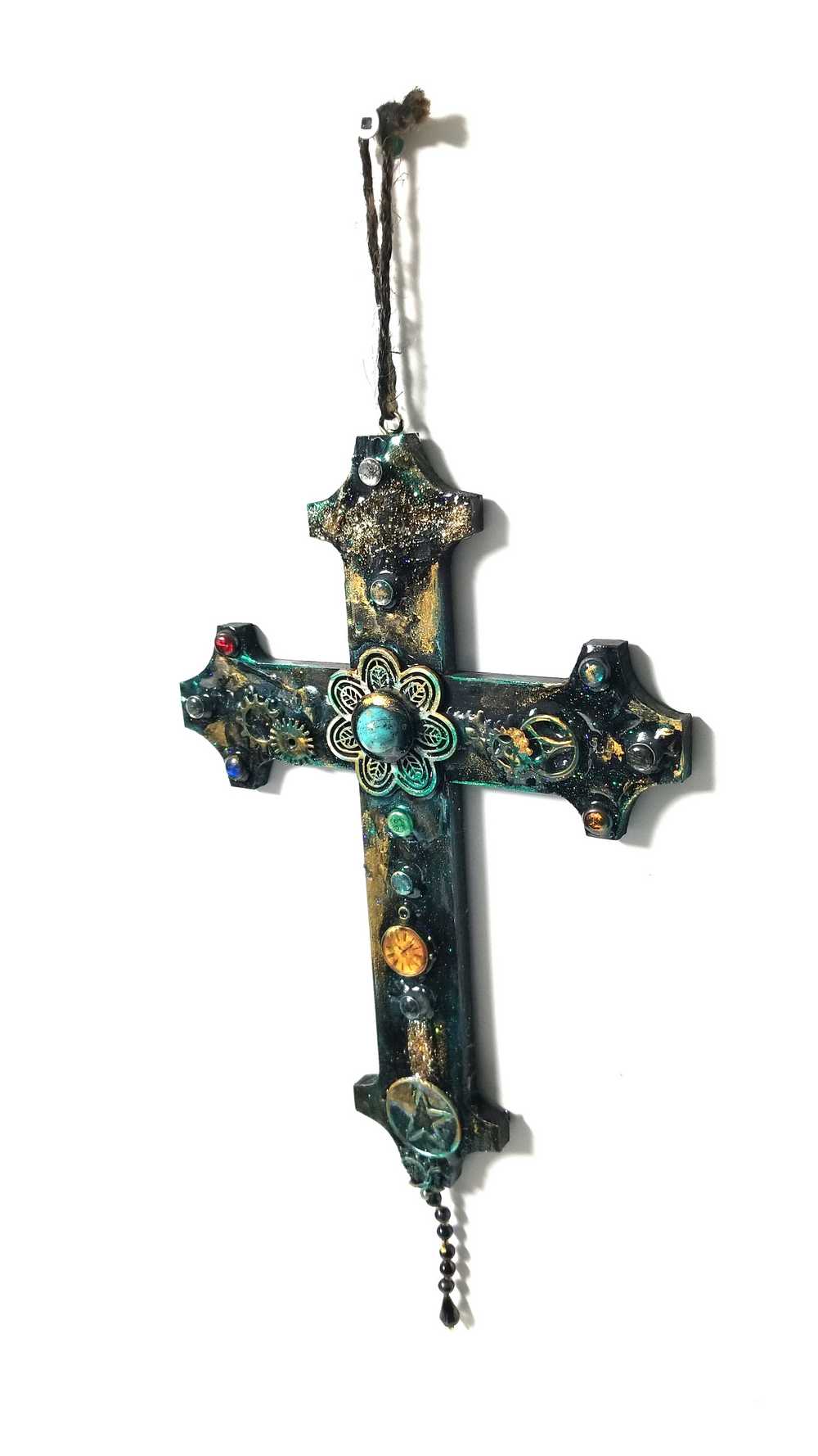 Altered Wood Goth Cross with Blue Stone and Gems