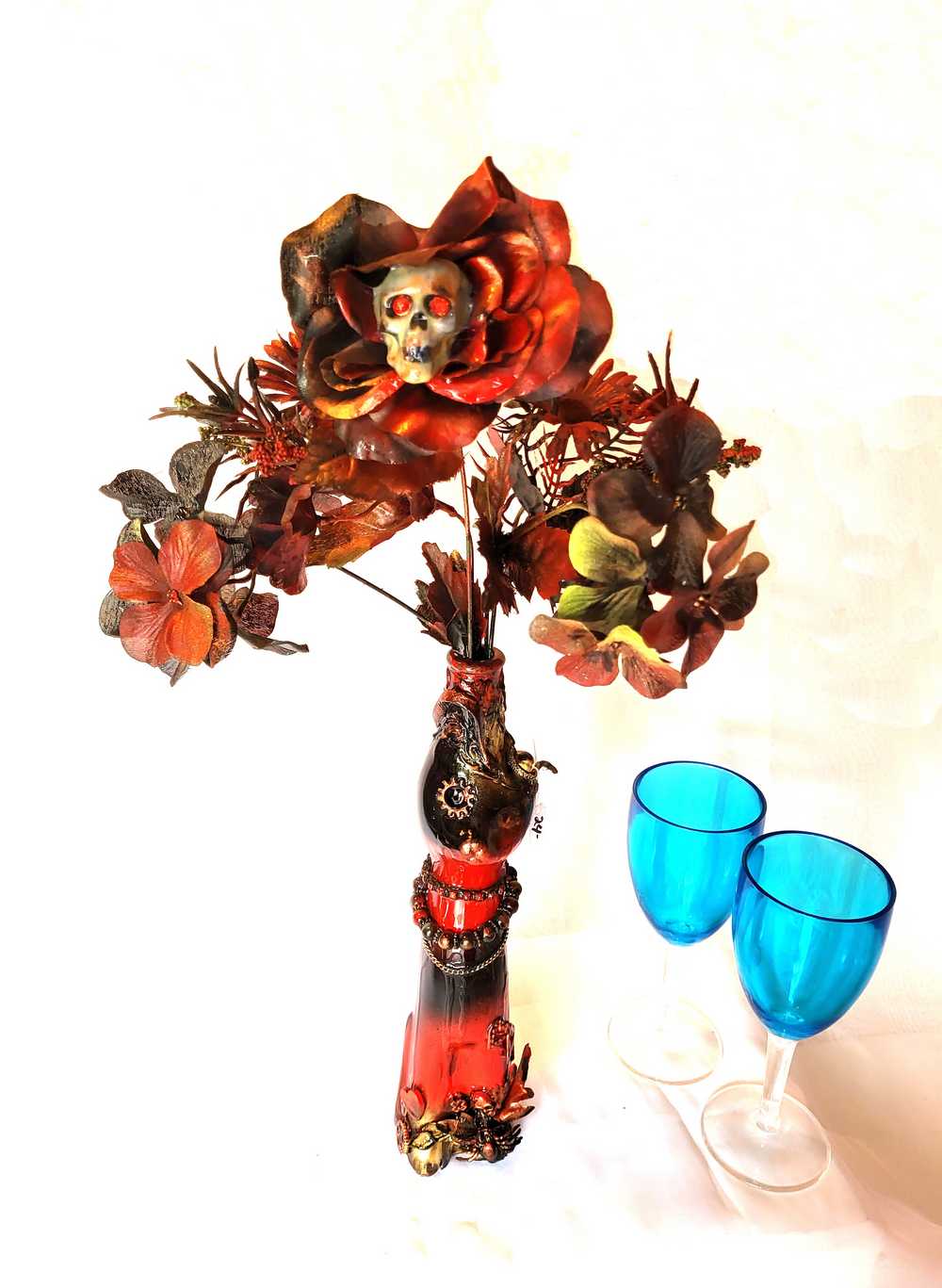 Glass Cat Vase, Red and Black Flowers with Skull and Snake