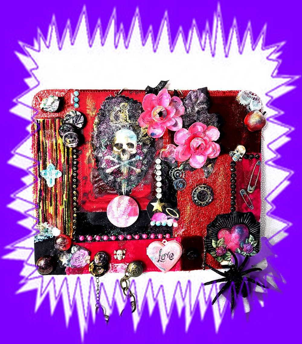 Unique, Red Velvet Skull with Pink Flowers and Picture Frame, Wall Plaque