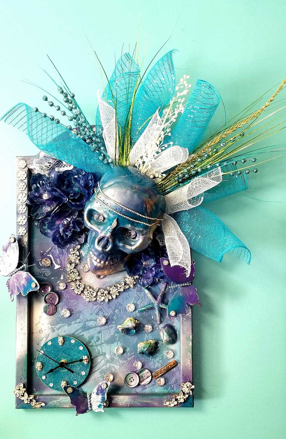 Large Teal Wood Clock with Skull and all Her Jewels, with Lights