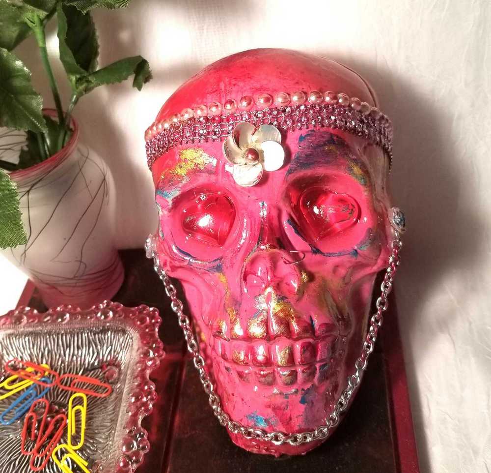 Red Skull and Roses in Resin in a Vintage Candy Dish