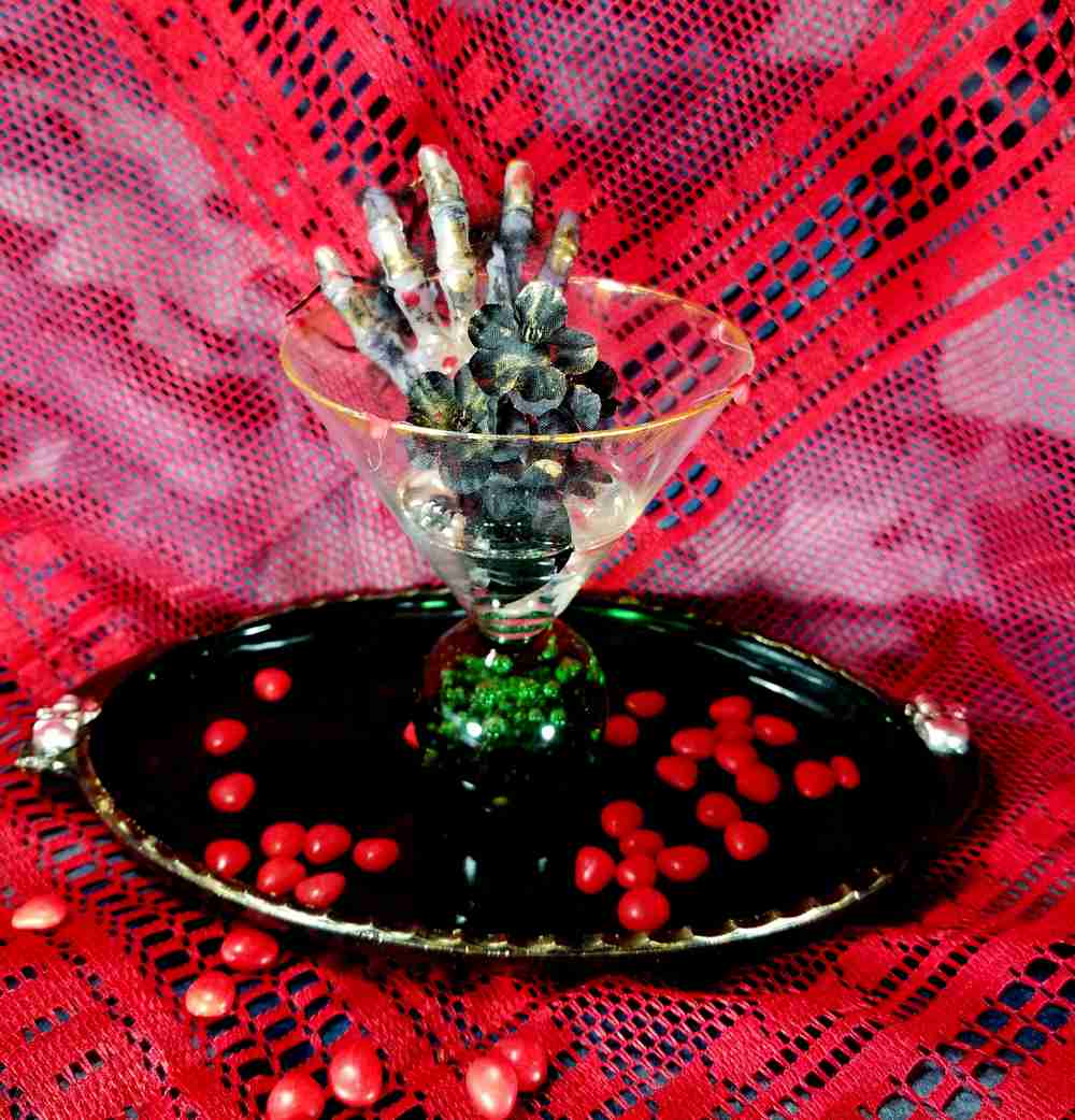Altered Glass Candy Dish with Skull Hand in Resin