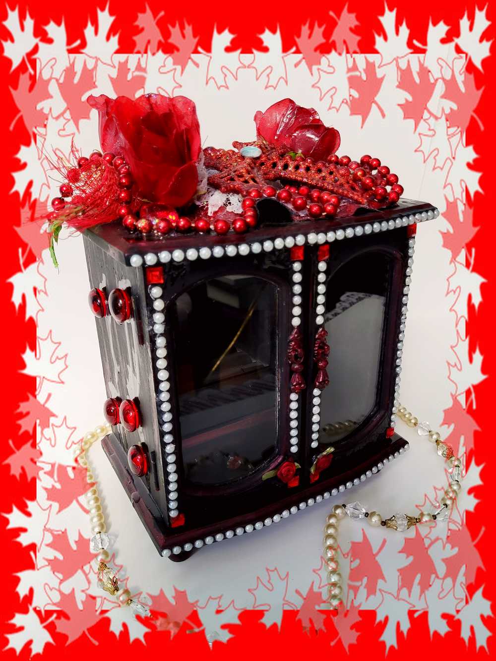 Black and Red Ladies Jewelry Box with 3 Red Roses, White Shimmering Lace and a Red Cross