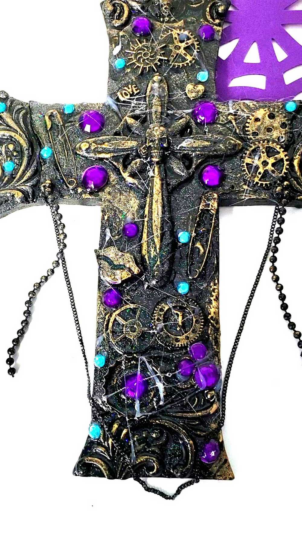 Black Cross With Skulls and Gears in Purple and Teal Rhinestones