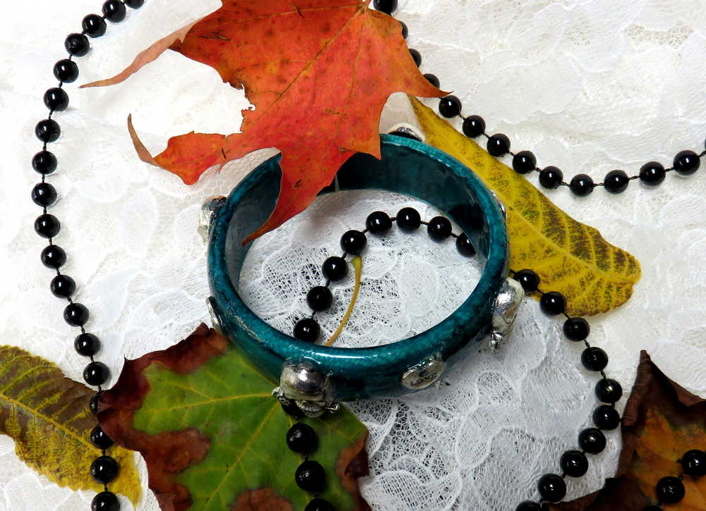 Dark Teal Bangle with Skulls and Hearts