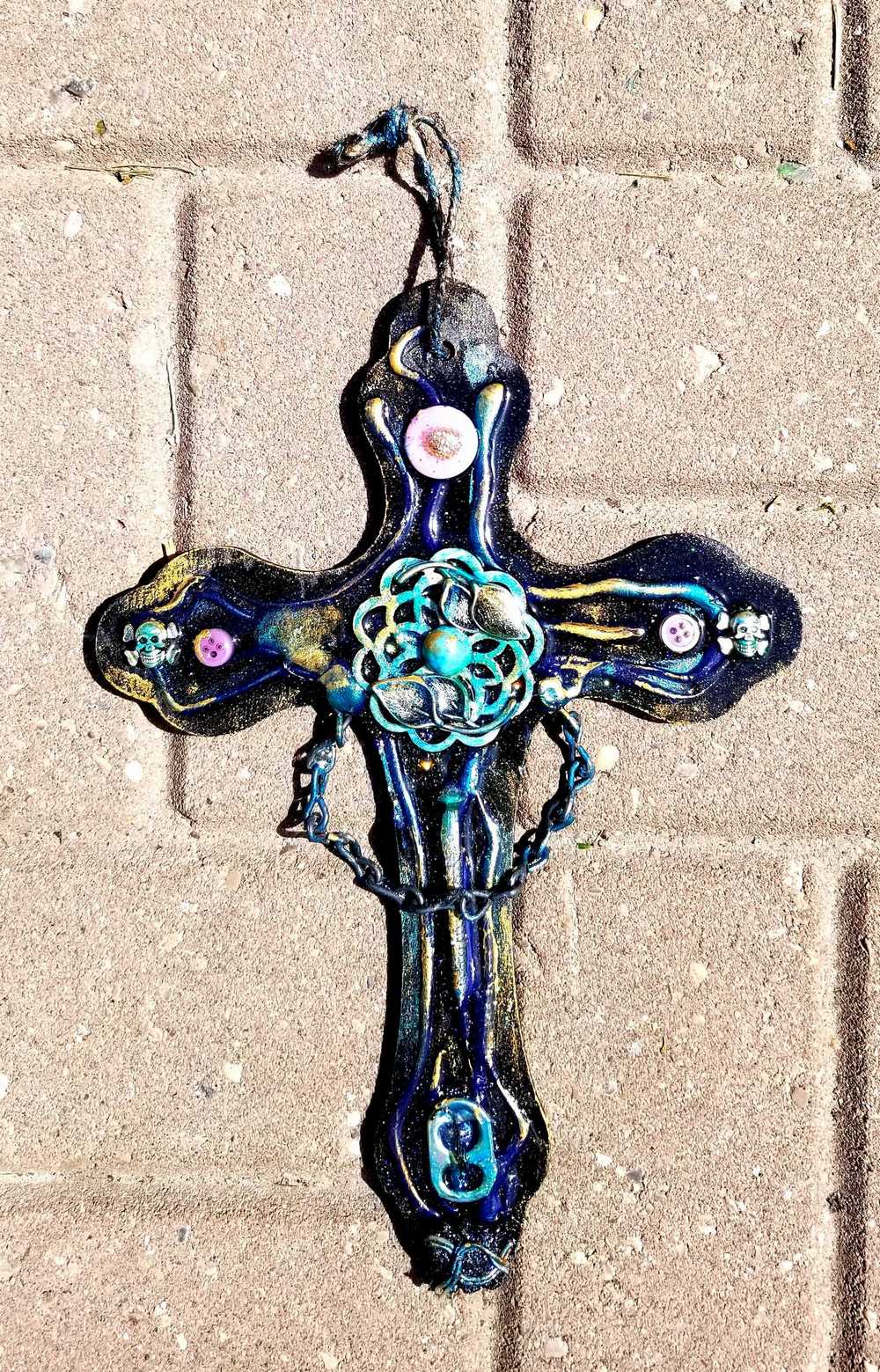 Altered Goth Wooden Cross with Skulls, Chains and Pink Buttons