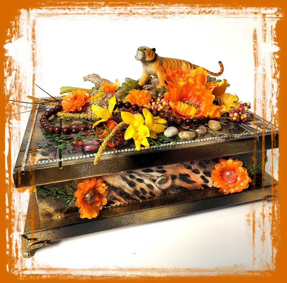 Jewelry Box with Orange & Yellow Flowers and a Tiger, Safari Themed