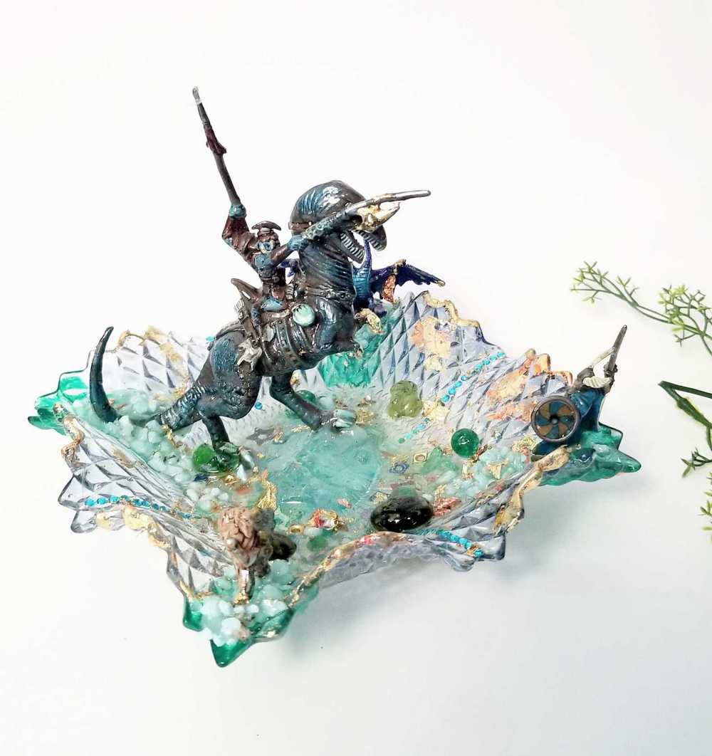 Mutant Troll Warrior Riding a T Rex in a Glass Vintage Dish, Collector Piece