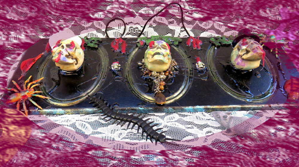 3D Family Portraits of a Handsome Skull Family on a Wall Plaque