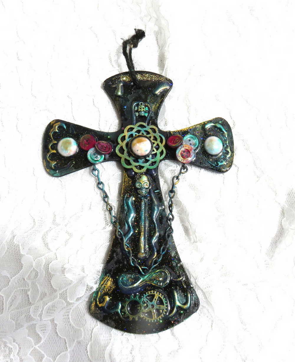 Wooden Cross with Chains, Buttons, Rhinestones, Gears and Skulls