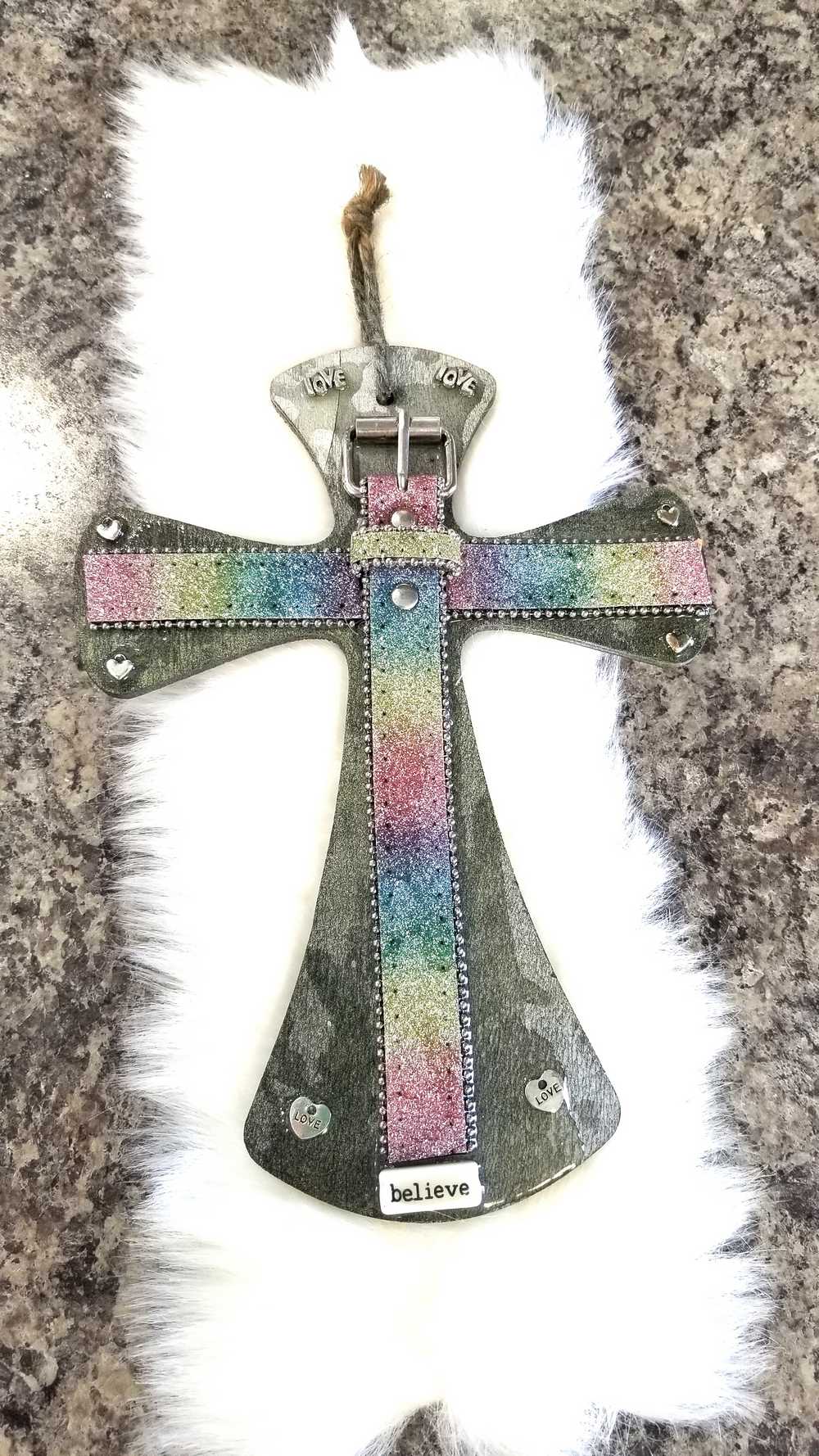 Wooden Cross with Recycle Belt For Decoration, Resin Art