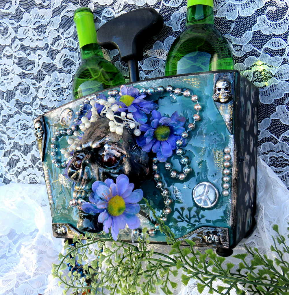 Double Wooden Wine Box, Carrier, Holds 2-750ml Bottles, Skull With Purple Flowers