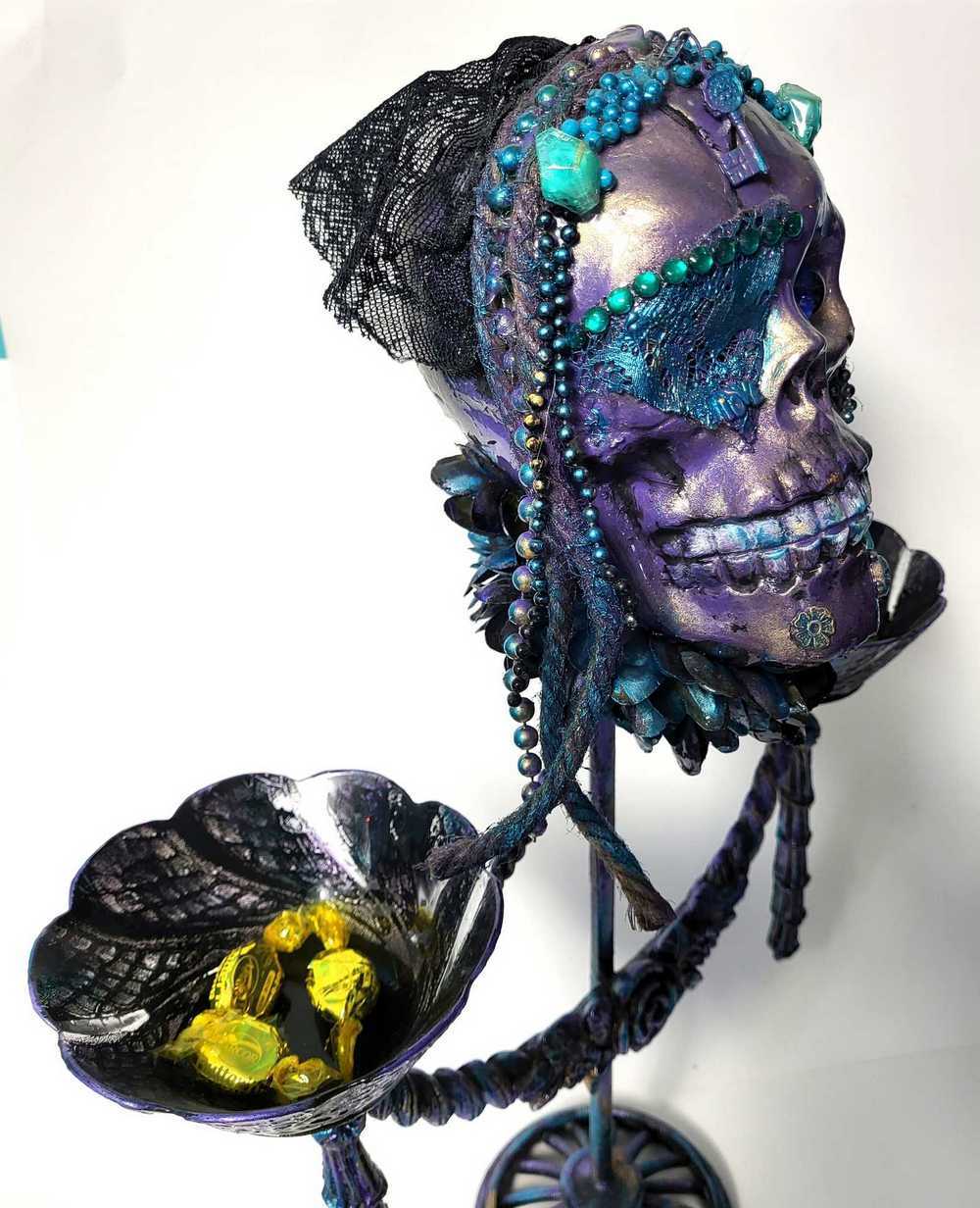 Purple Skull on Decorative Stand with Two Glass Candy Dishes