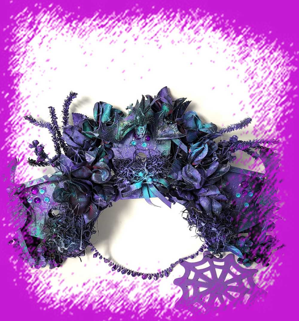 Decorative Wreath with 3 Bat Houses with Bats in Purple and Black