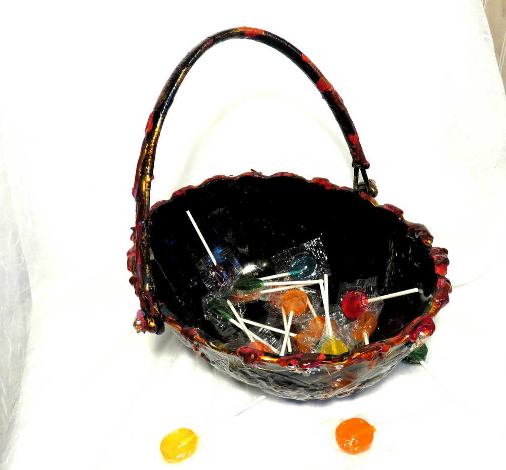 Goth, Altered Vintage Glass Fruit Bowl With Handle and Skull Charms