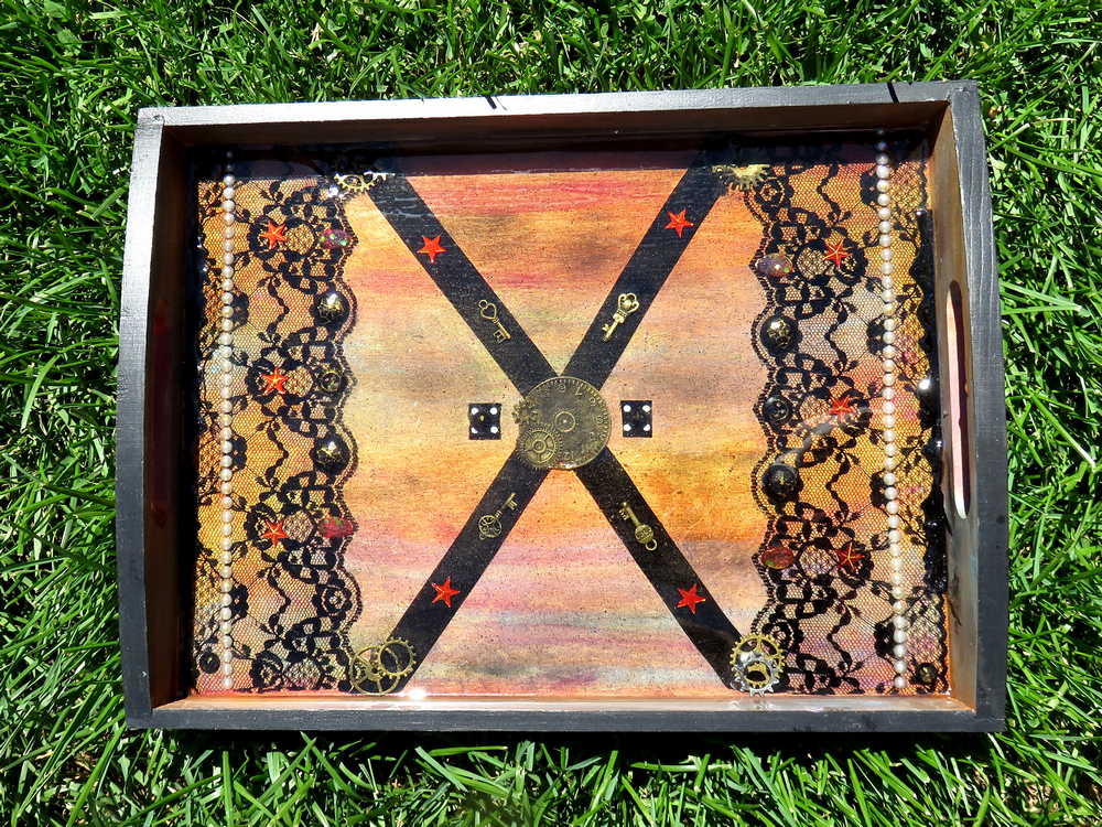 Steampunk /Goth Serving Tray with Gears, Black Lace and Ribbon