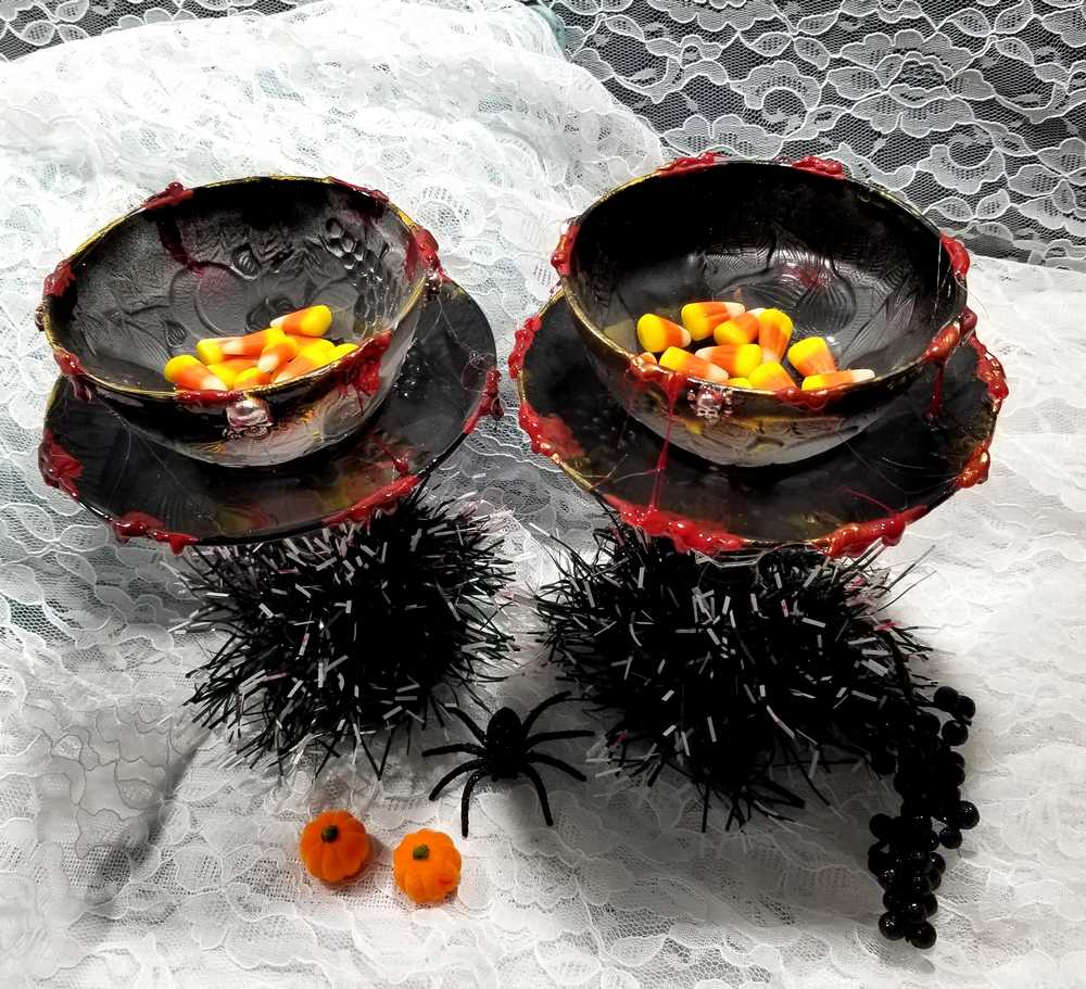 Altered Black Glass Candy Dish or Candle Holder with Fake Blood